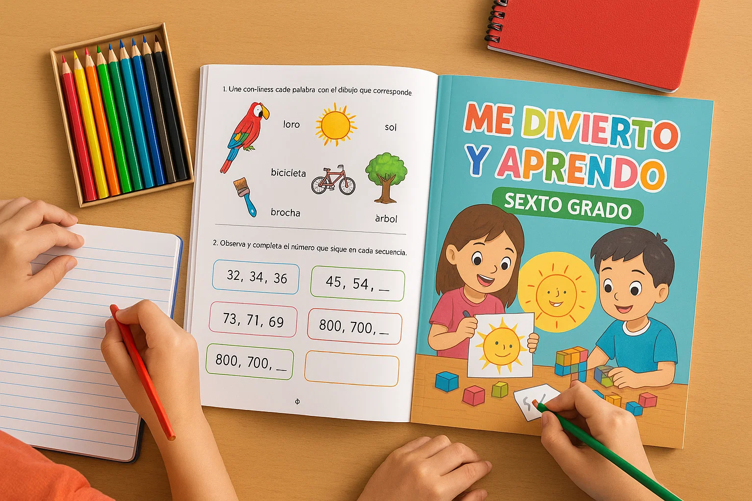 Niños resolviendo ejercicios del libro Me Divierto y Aprendo Sexto Grado