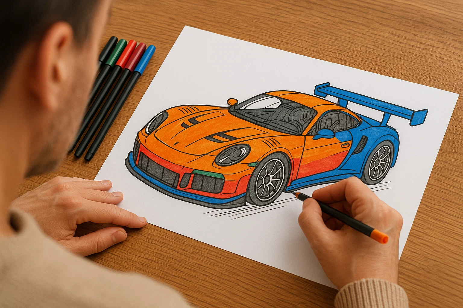 Adulto coloreando un dibujo detallado de un carro de carreras con marcadores finos