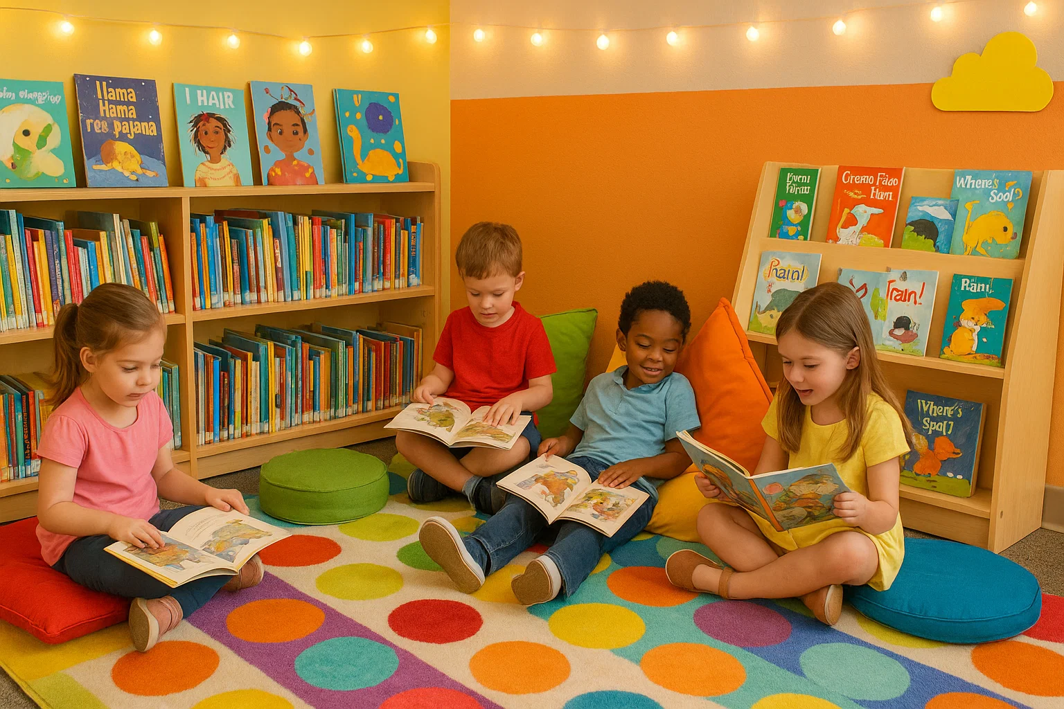 Ambientación rincón de lectura preescolar con libros y cojines coloridos