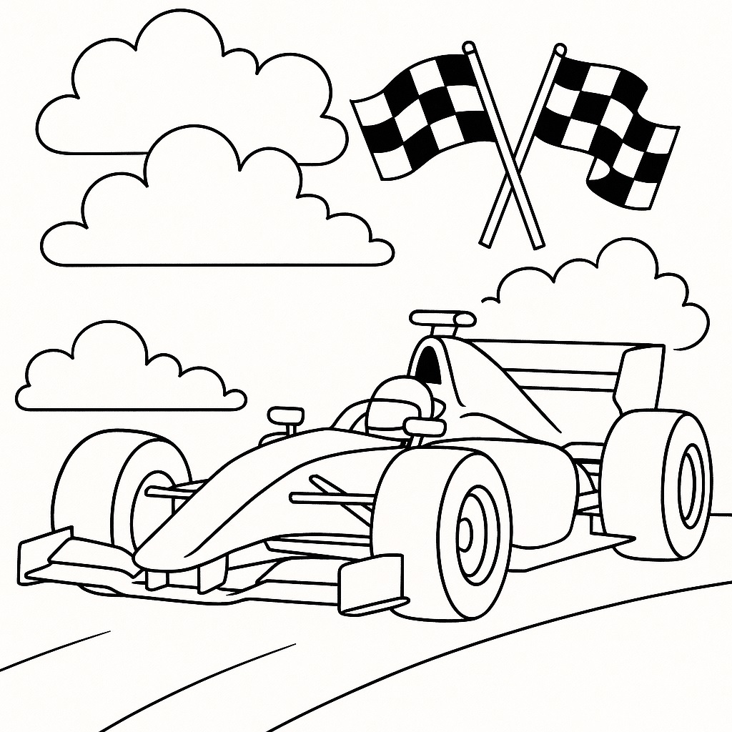 Niños coloreando dibujos de carros de carreras con lápices de colores en un aula luminosa