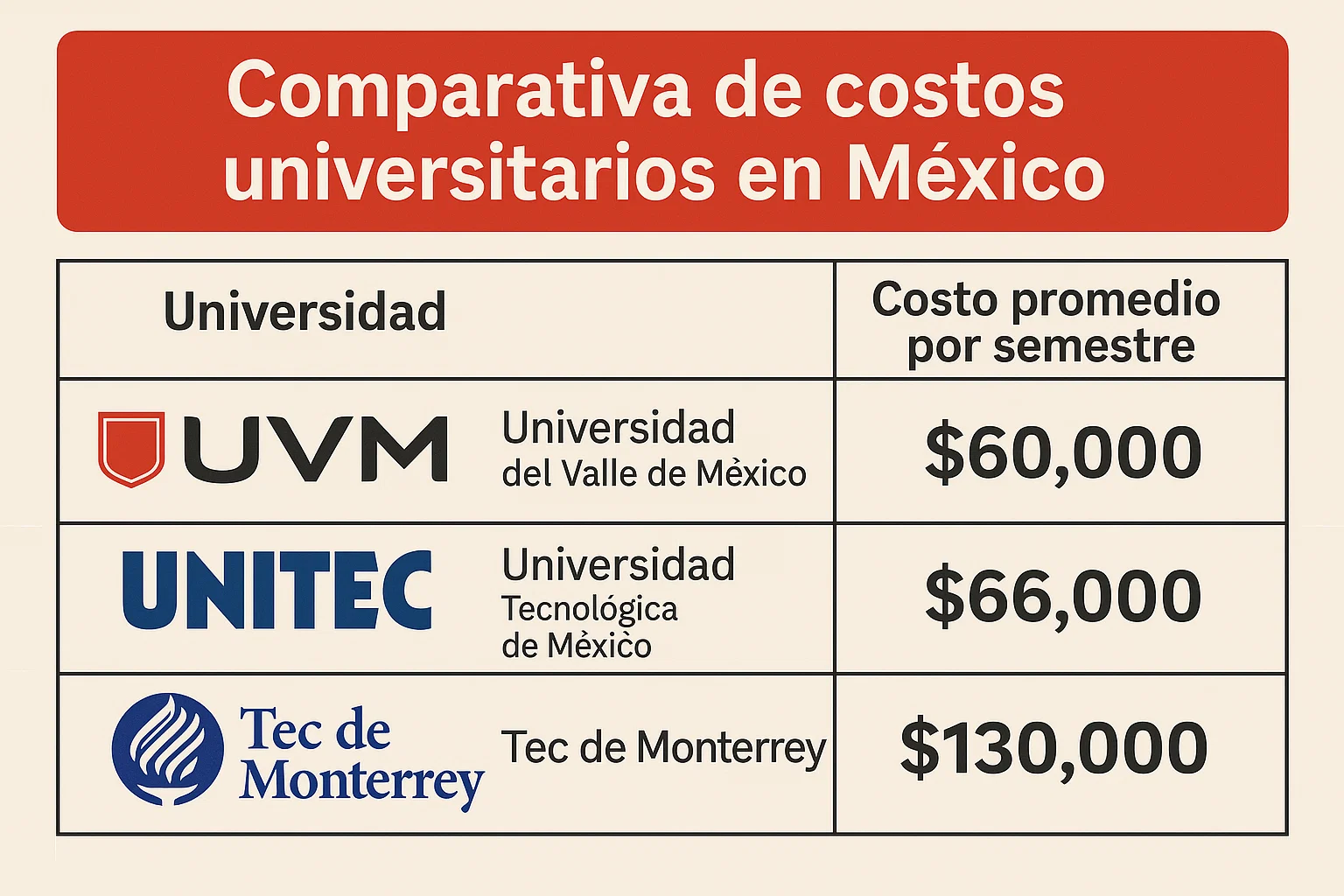 Tabla con precios de universidades mexicanas como UVM y Unitec