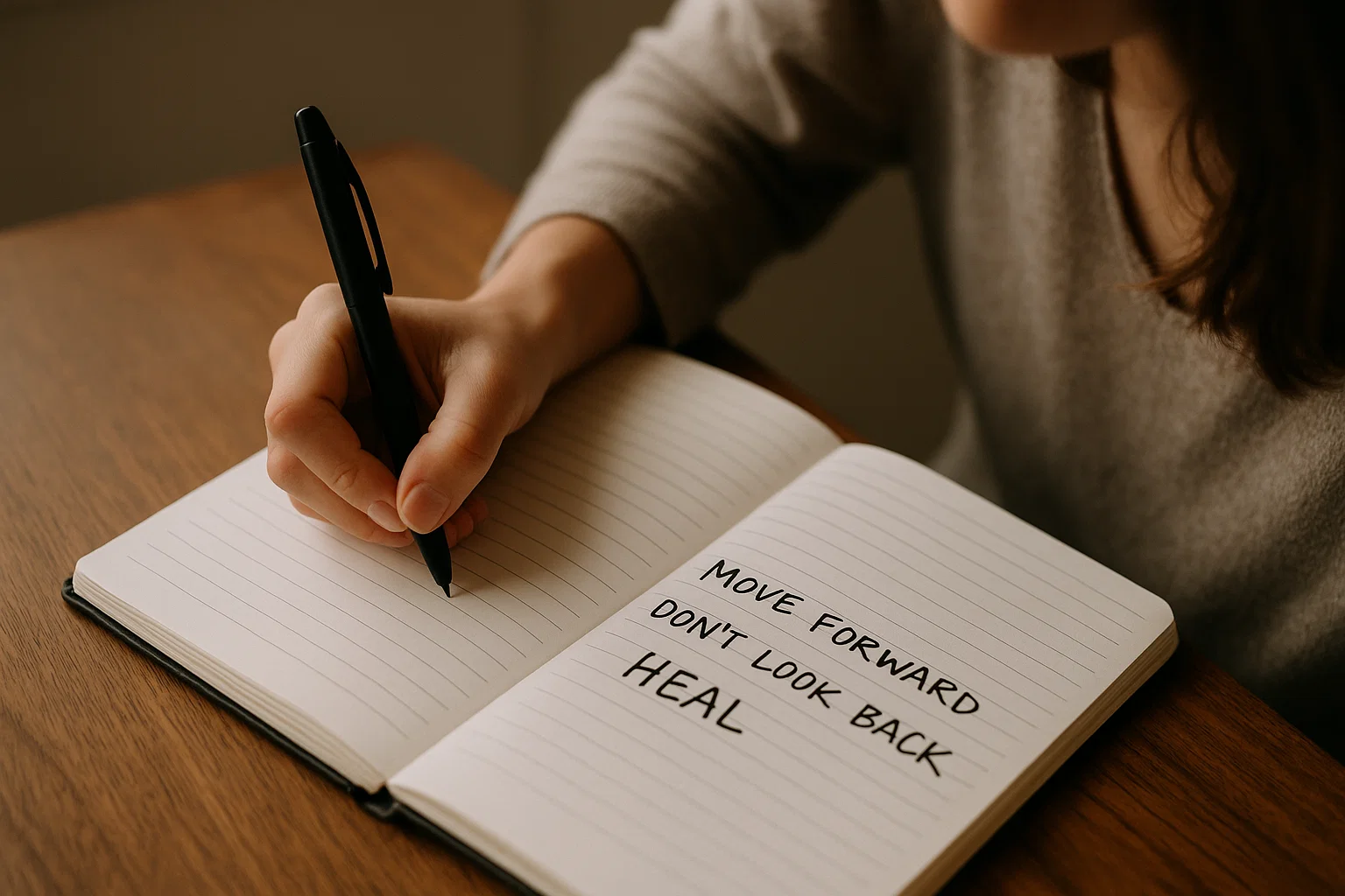 Joven escribiendo frases inspiradoras en un diario personal