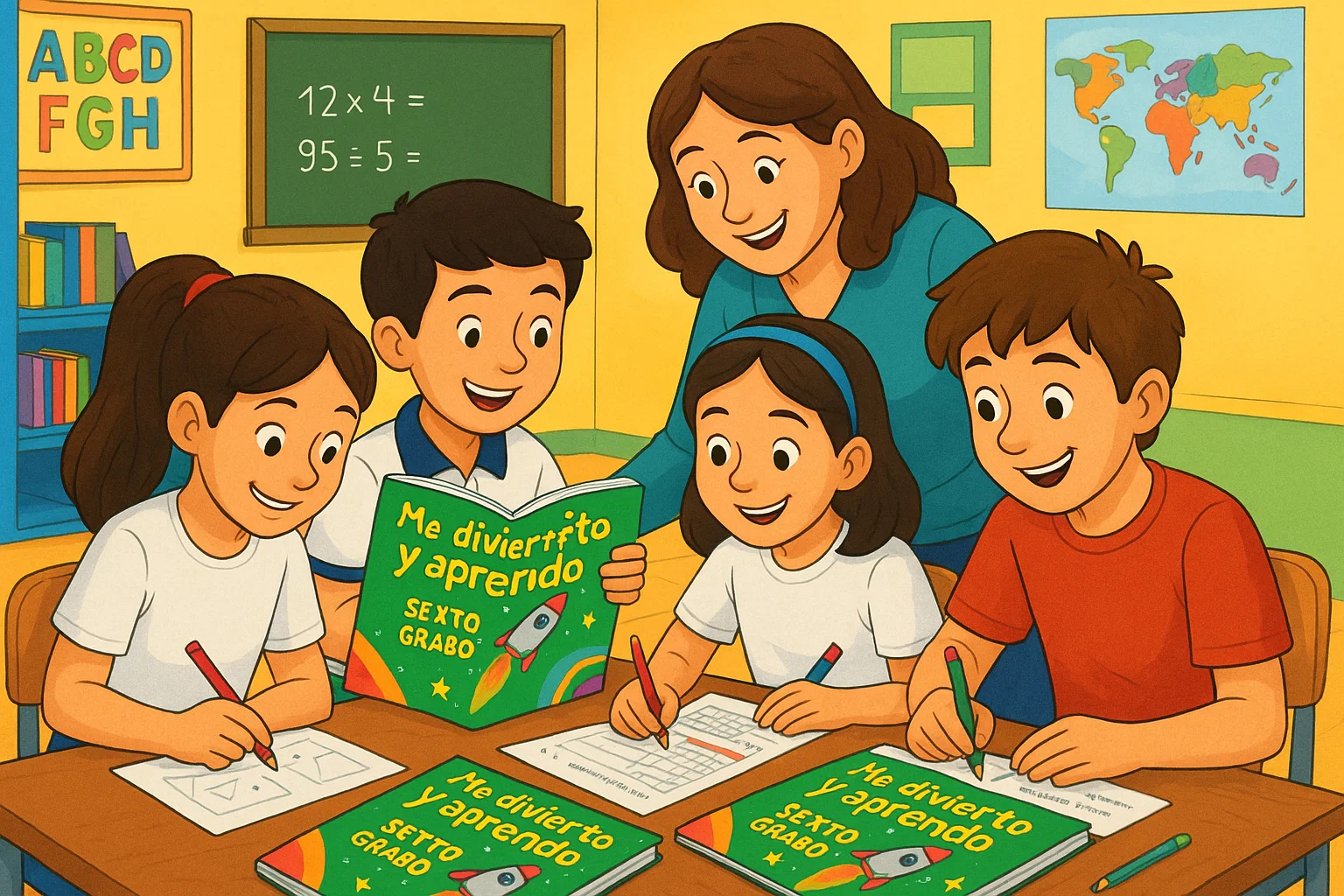 Alumnos de sexto grado estudiando con la guía Me Divierto y Aprendo