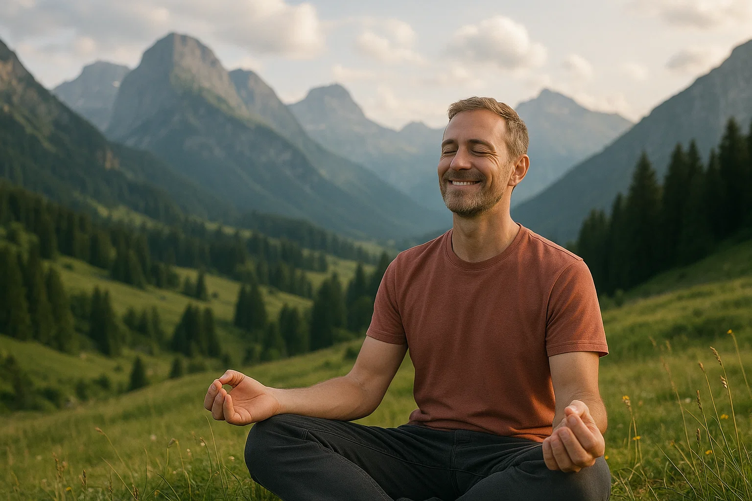 Persona meditando en la naturaleza tras liberarse emocionalmente