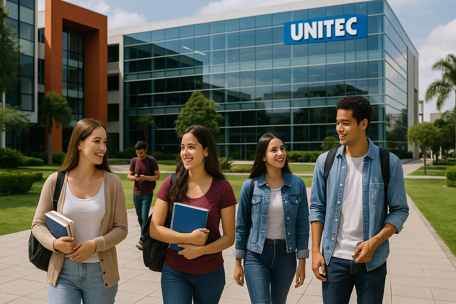 Estudiantes en campus universitario hablando sobre carreras y costos en UNITEC