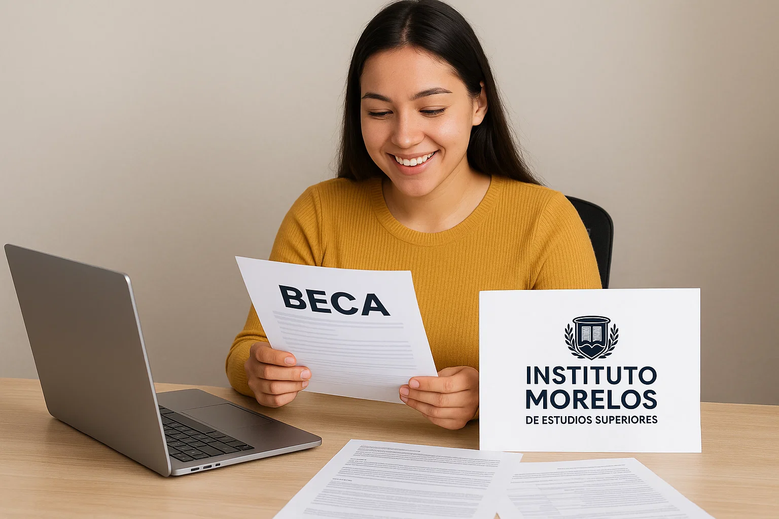 estudiante revisando documentos para la beca del Instituto Morelos de Estudios Superiores