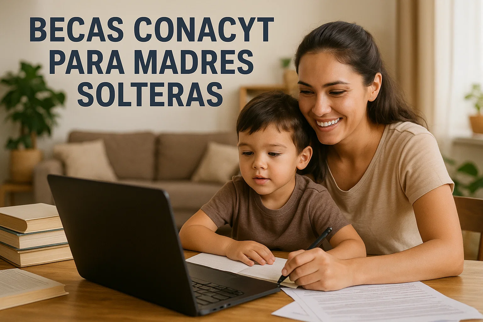 Madre soltera estudiando con su hijo mientras solicita una beca CONACYT en México.