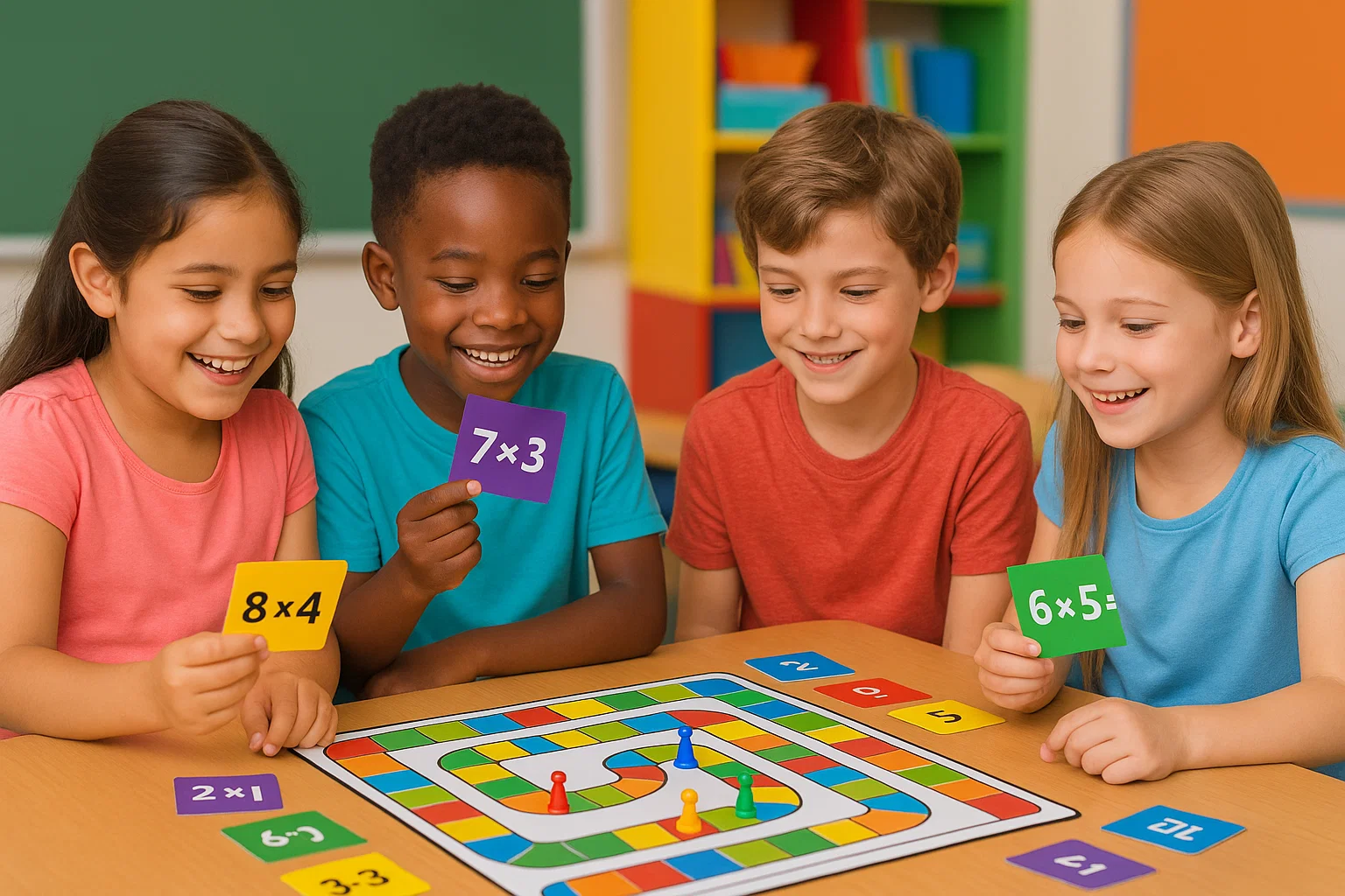 Niños jugando juegos de mesa para aprender las tablas de multiplicar
