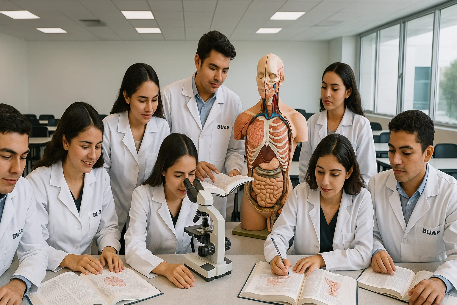 Estudiantes de medicina de la BUAP estudiando anatomía en laboratorio