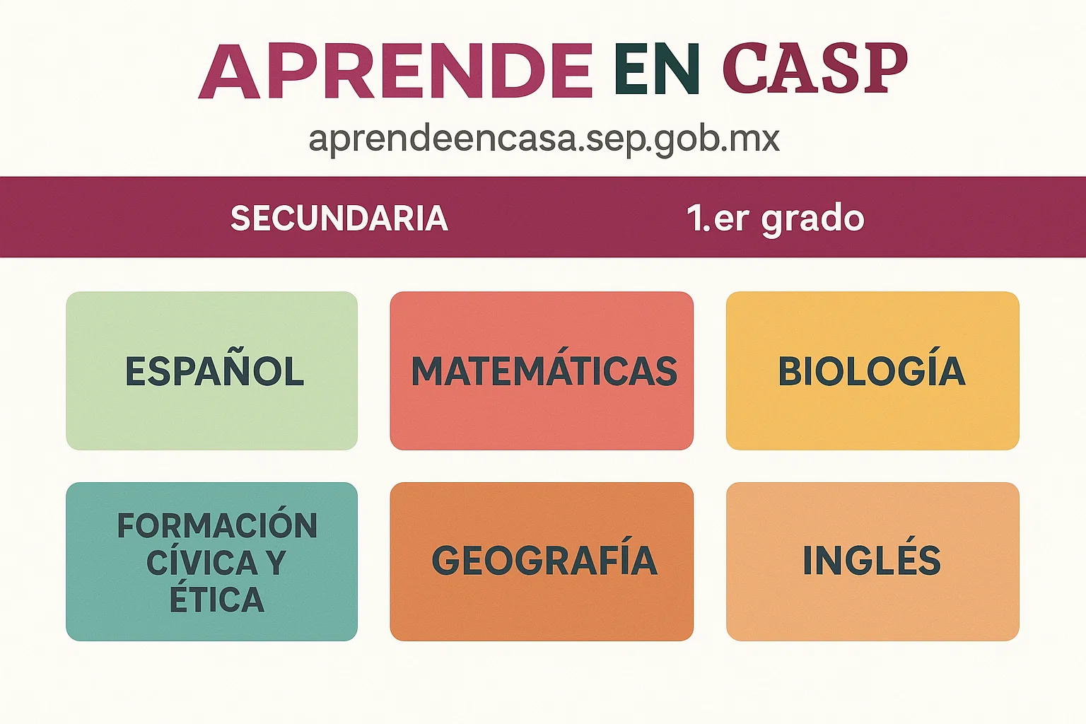 Menú de materias de secundaria primer grado en Aprende En Casa SEP