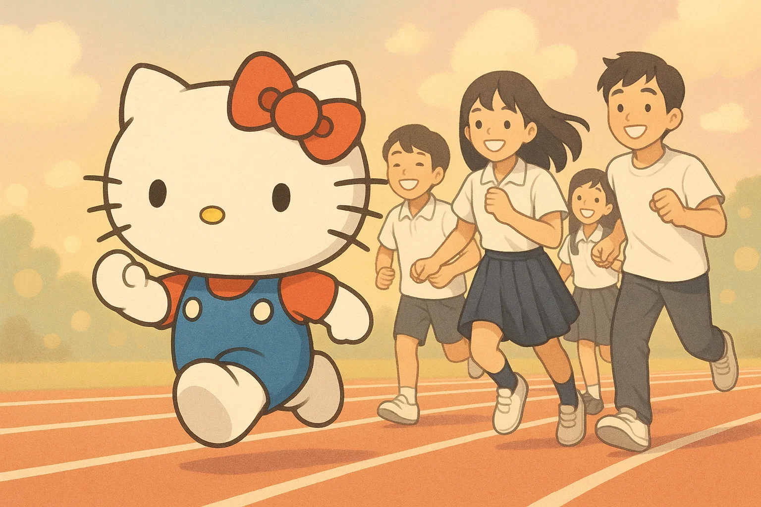 Hello Kitty en una carrera simbólica representando su historia y evolución digital