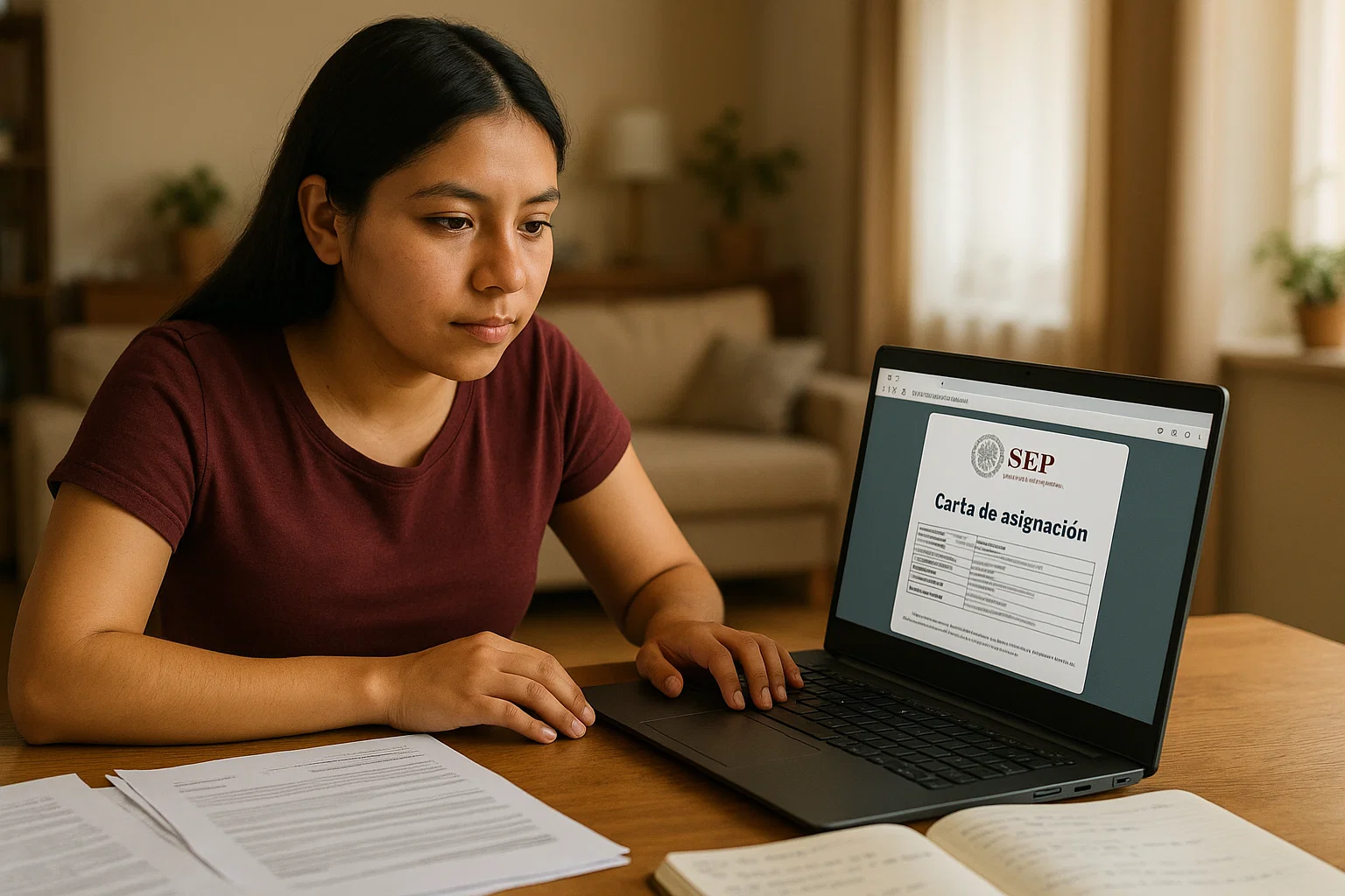 Estudiante mexicana revisando su carta de asignación SEP Puebla desde su computadora