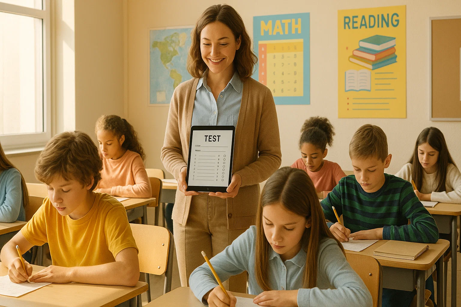 niños realizando examen de quinto grado en el aula con supervisión docente