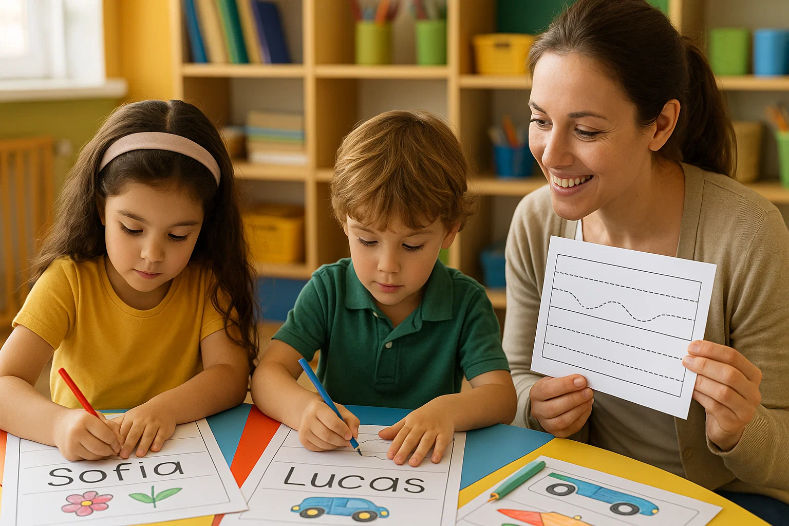 Niños de preescolar usando fichas para escribir su nombre con ayuda de la maestra