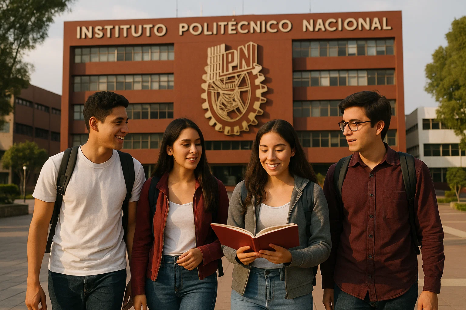 Estudiantes del IPN frente al edificio principal revisando el reglamento general de estudios