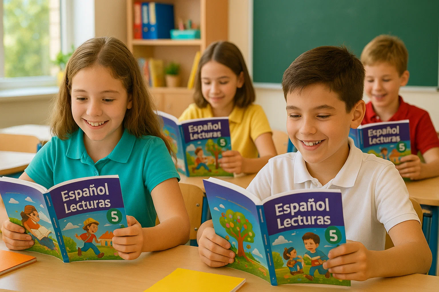 Estudiantes leyendo el Libro De Español Lecturas 5 Grado en clase