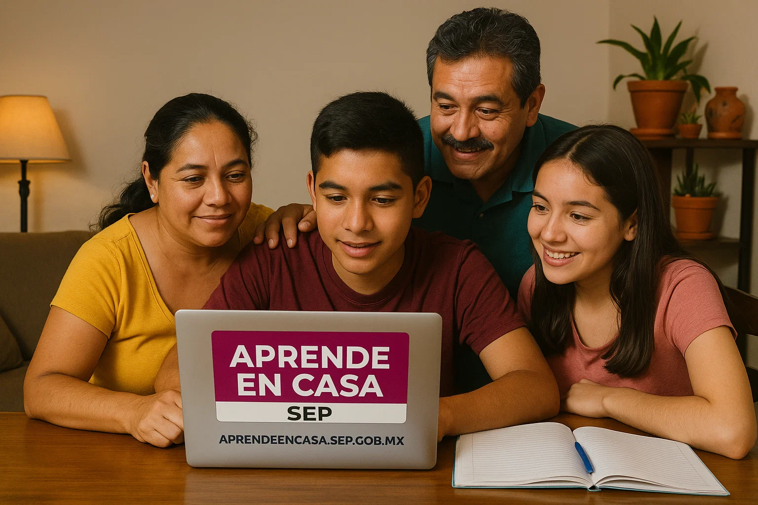 Familia apoyando a estudiante de secundaria con Aprende En Casa
