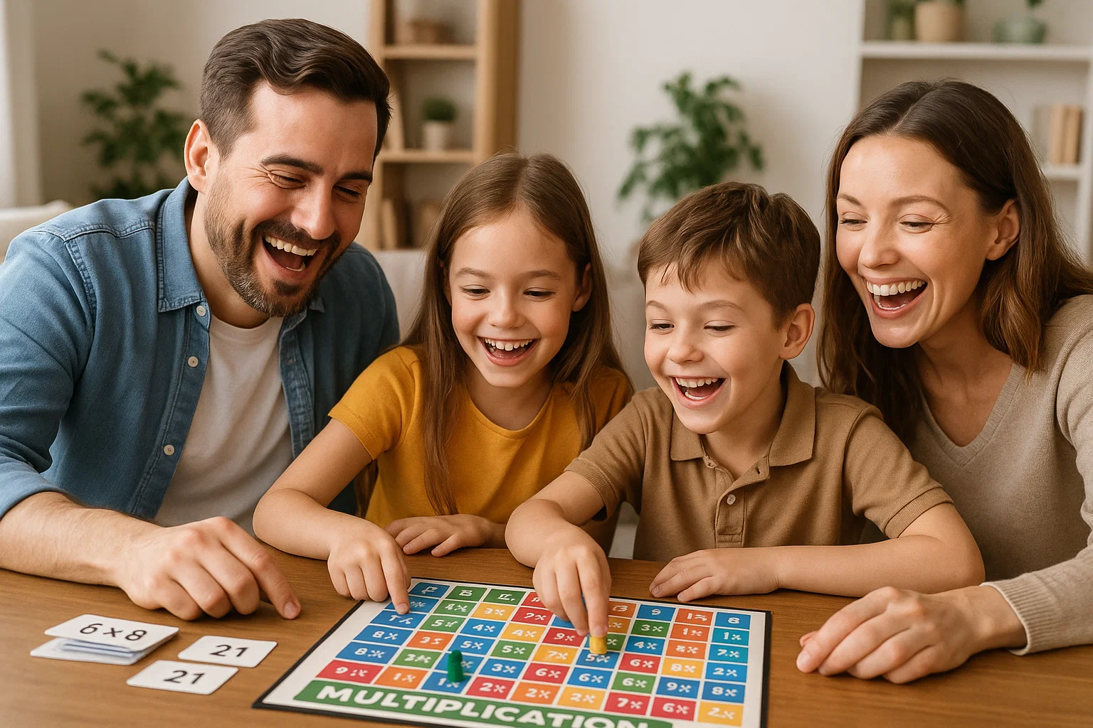 Familia jugando a las tablas de multiplicar con un juego de mesa educativo