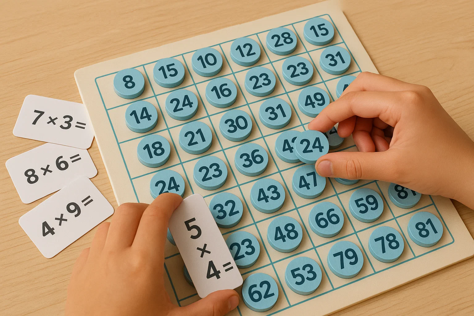 Fichas con multiplicaciones en un tablero de juego educativo