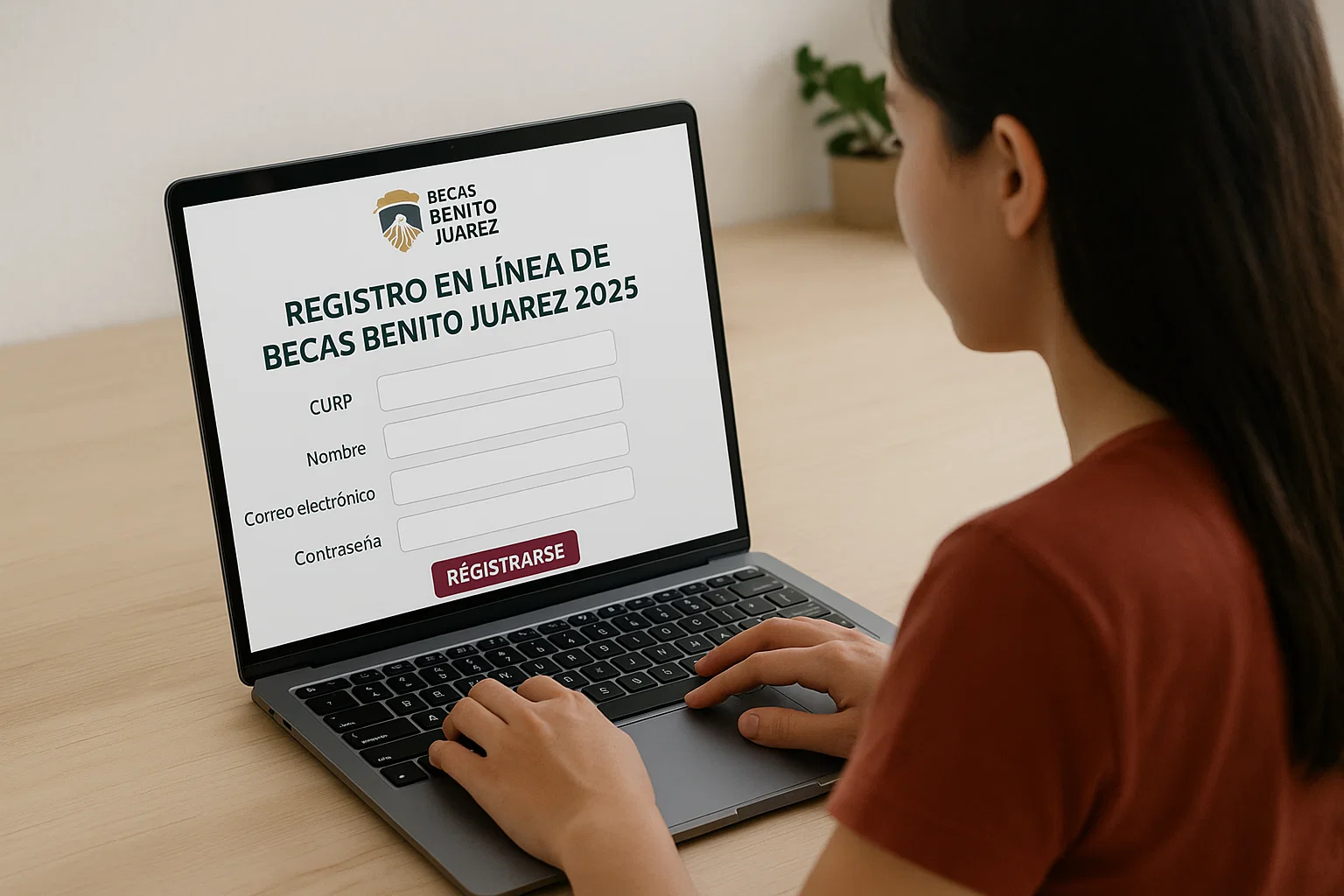 Estudiante registrándose en el portal de Becas Benito Juárez desde su computadora